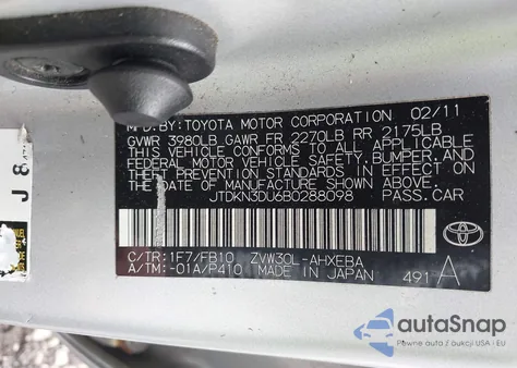 2011 Toyota Prius Two from USA, damaged, VIN JTDKN3DU6B0288098